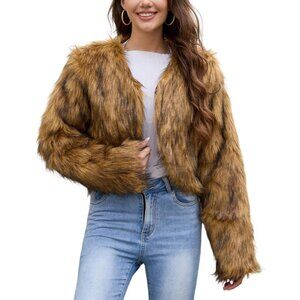 Women's Brown Gihuo Cropped Faux Fur Coat Open Front Fleece Winter Jacket